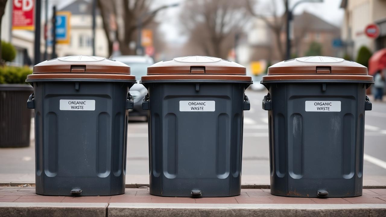 Tres contedores pechados de tapa marrón para a fracción orgánica