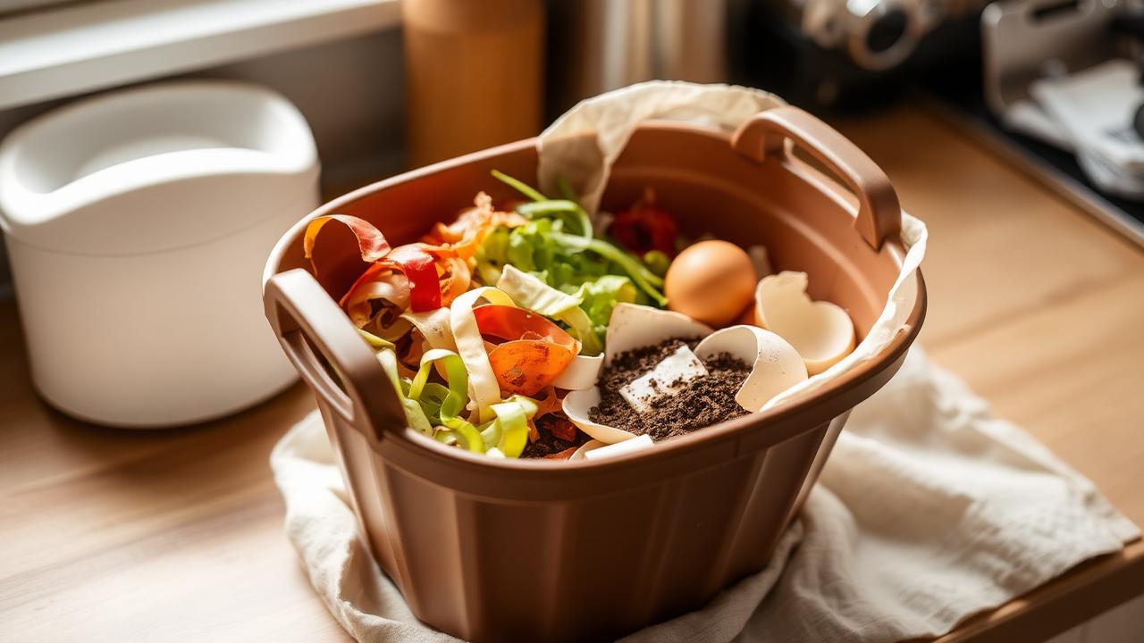 Cubo de cociña con restos de froita, verdura e casca de ovo