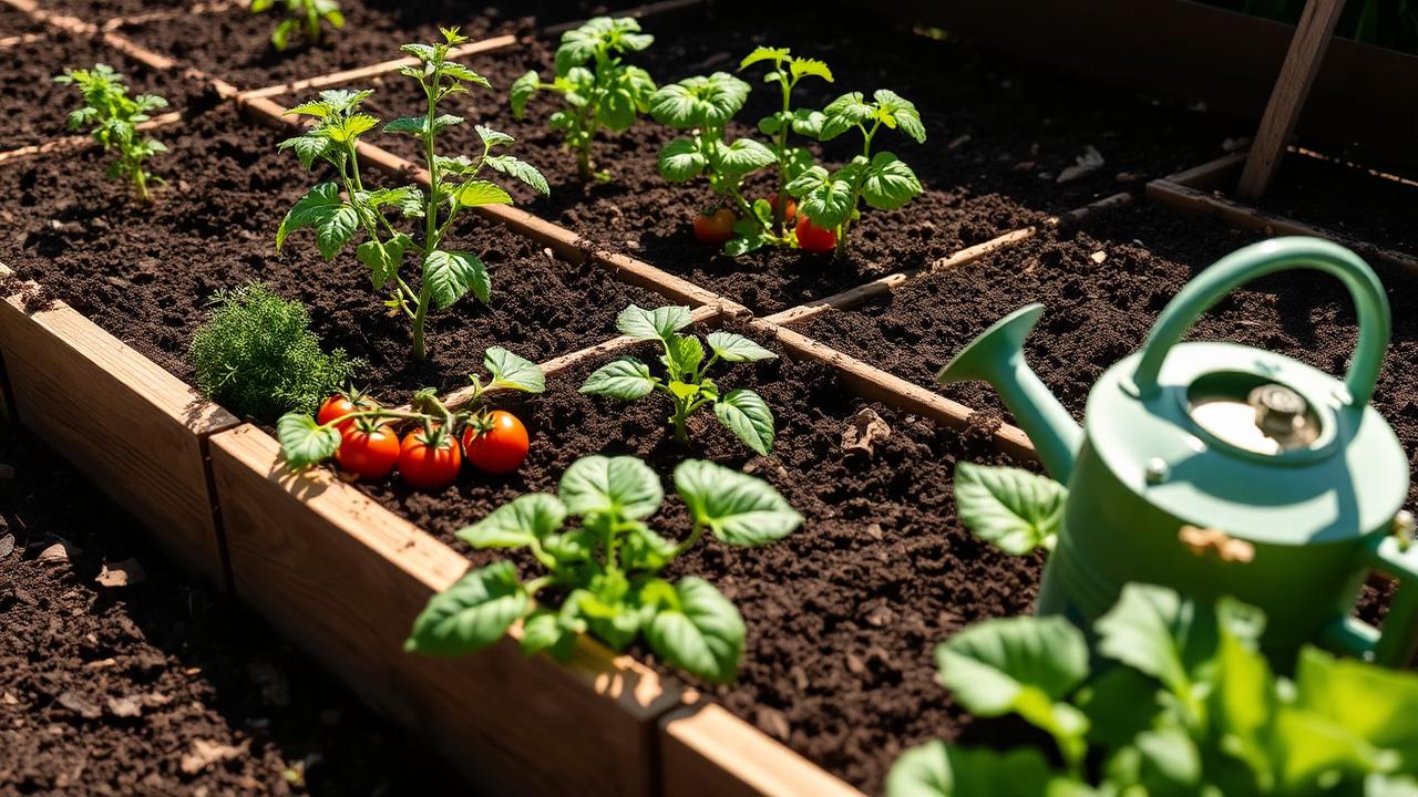 Horta con terra enriquecida con compost e plantas sas