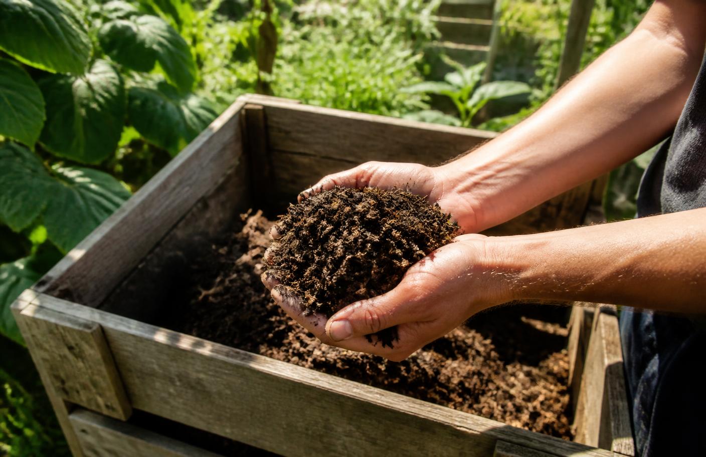Mans sostendo compost sobre un composteiro de madeira
