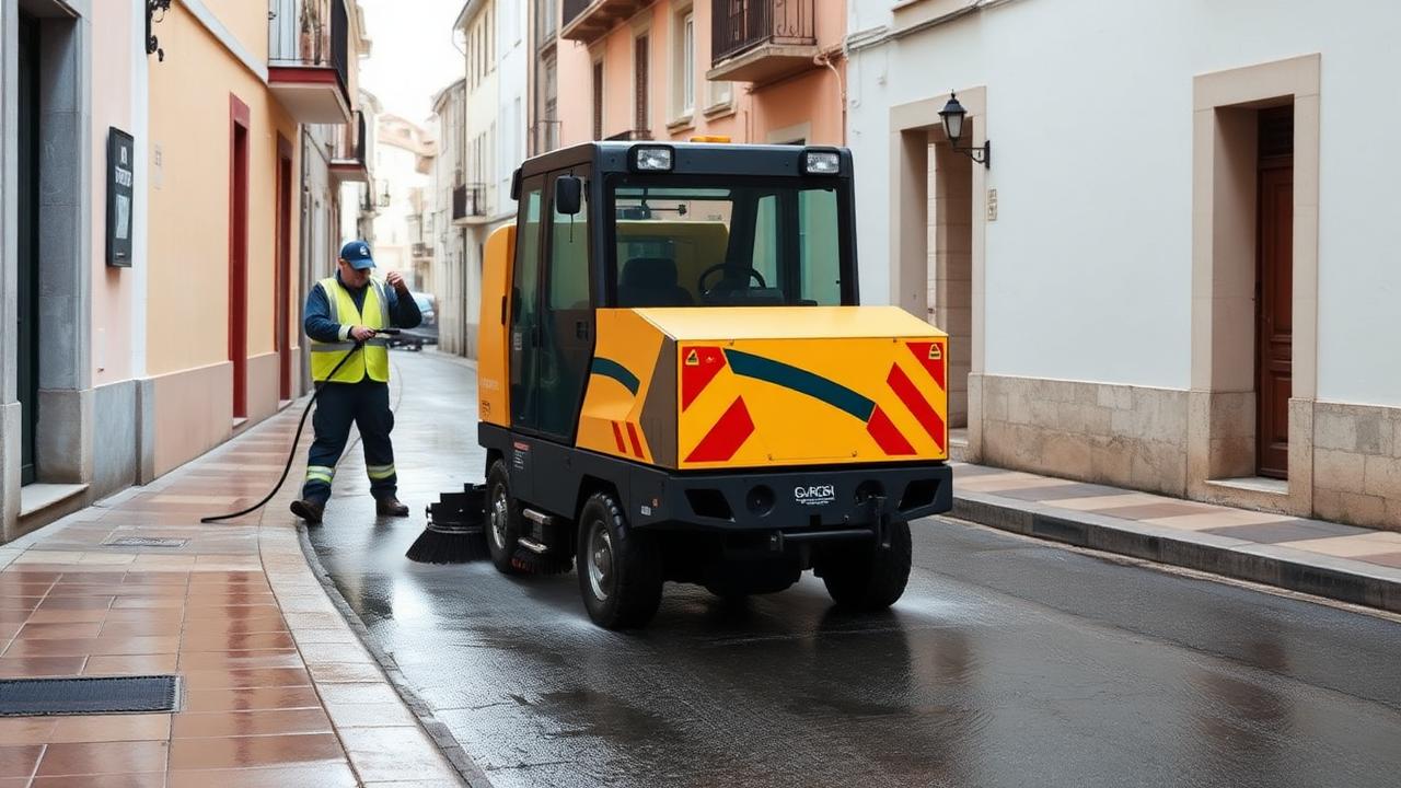 Barredora mecánica e baldeo con auga nunha rúa do casco urbano