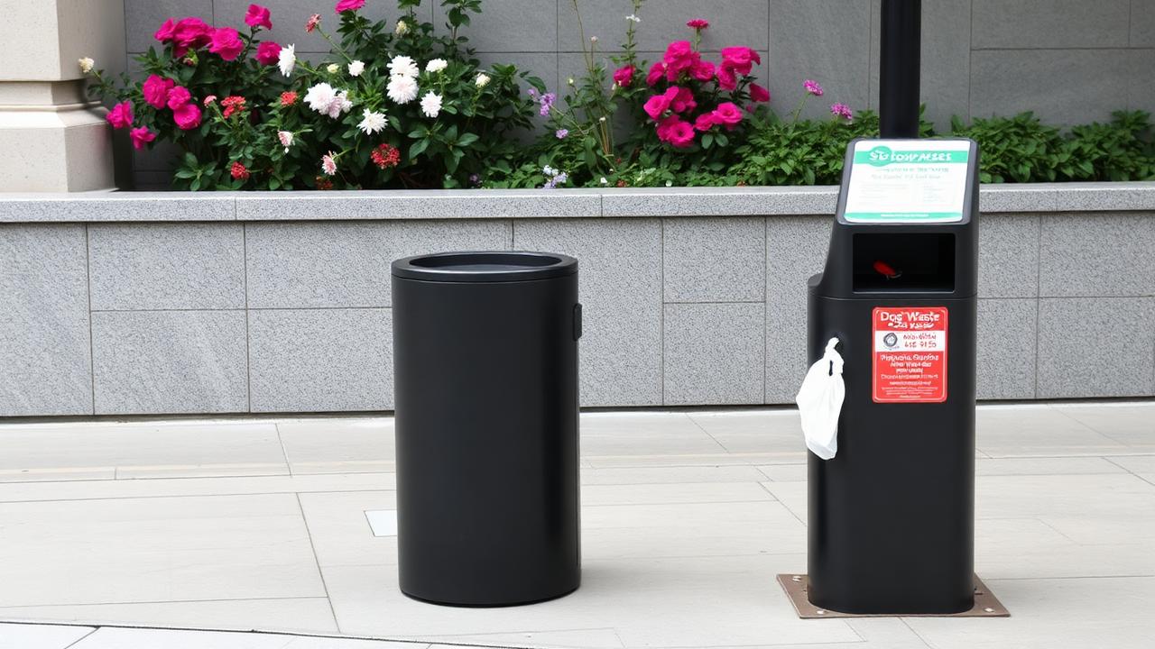 Papeleira urbana e sanecán instalados nunha beirarrúa