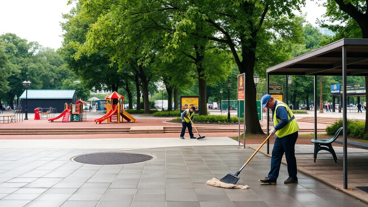 Equipo de limpeza a traballar nun parque e zona de xogos
