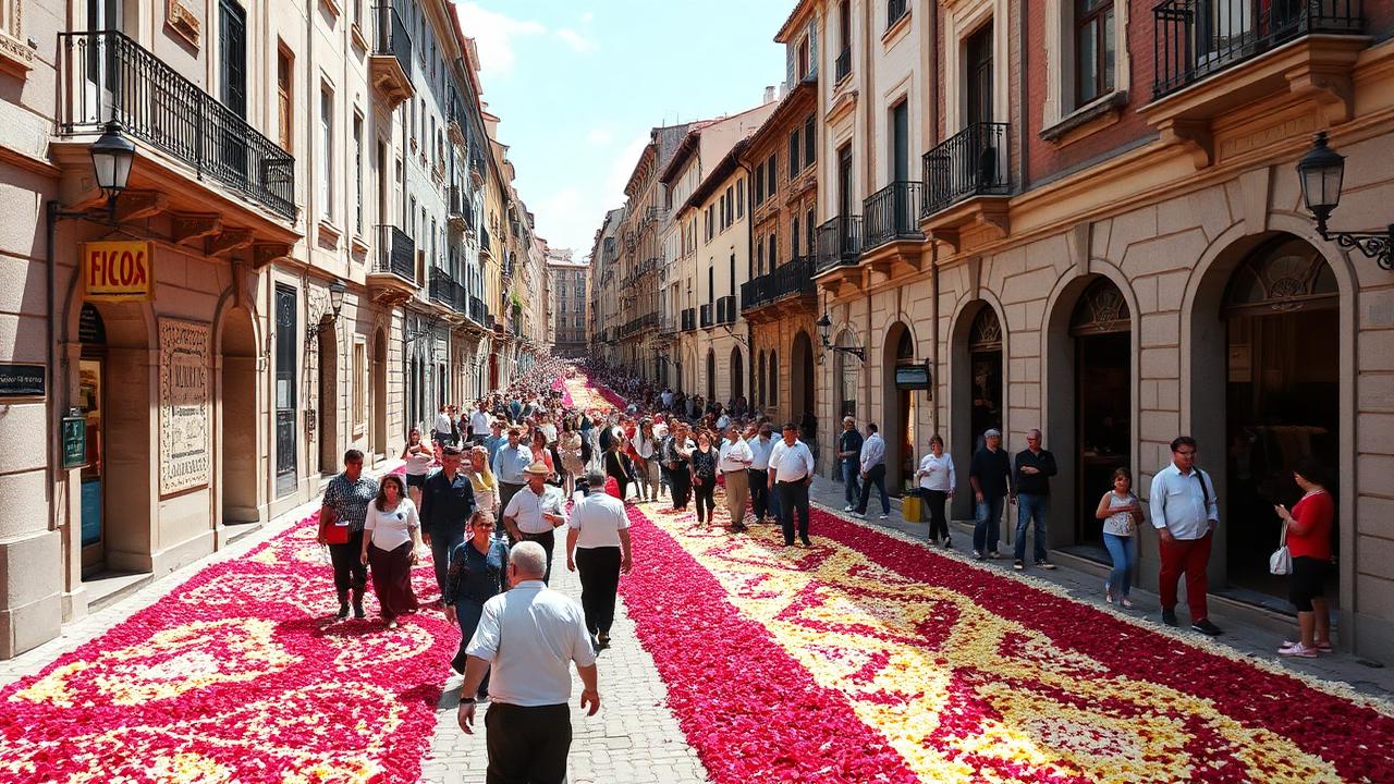 Rúa alfombrada de flores durante a Festa do Corpus