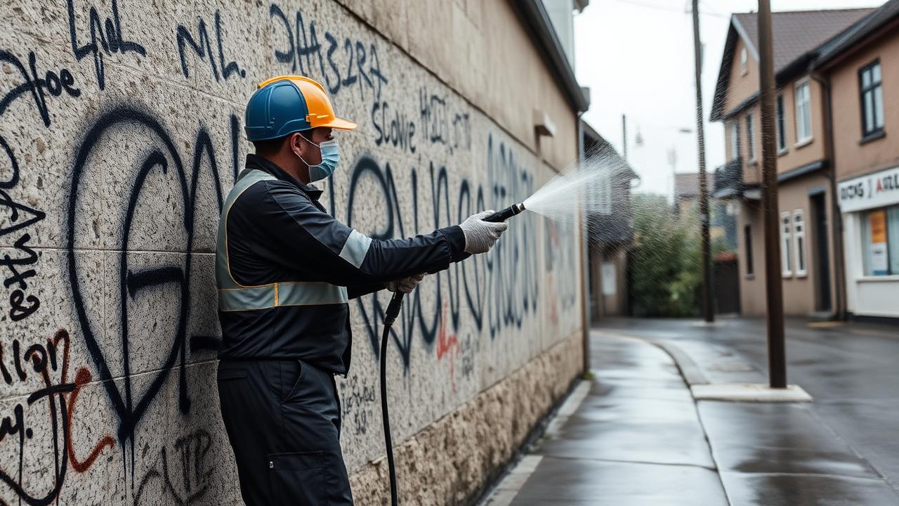 Operario retirando pintadas dun muro de granito con auga a presión