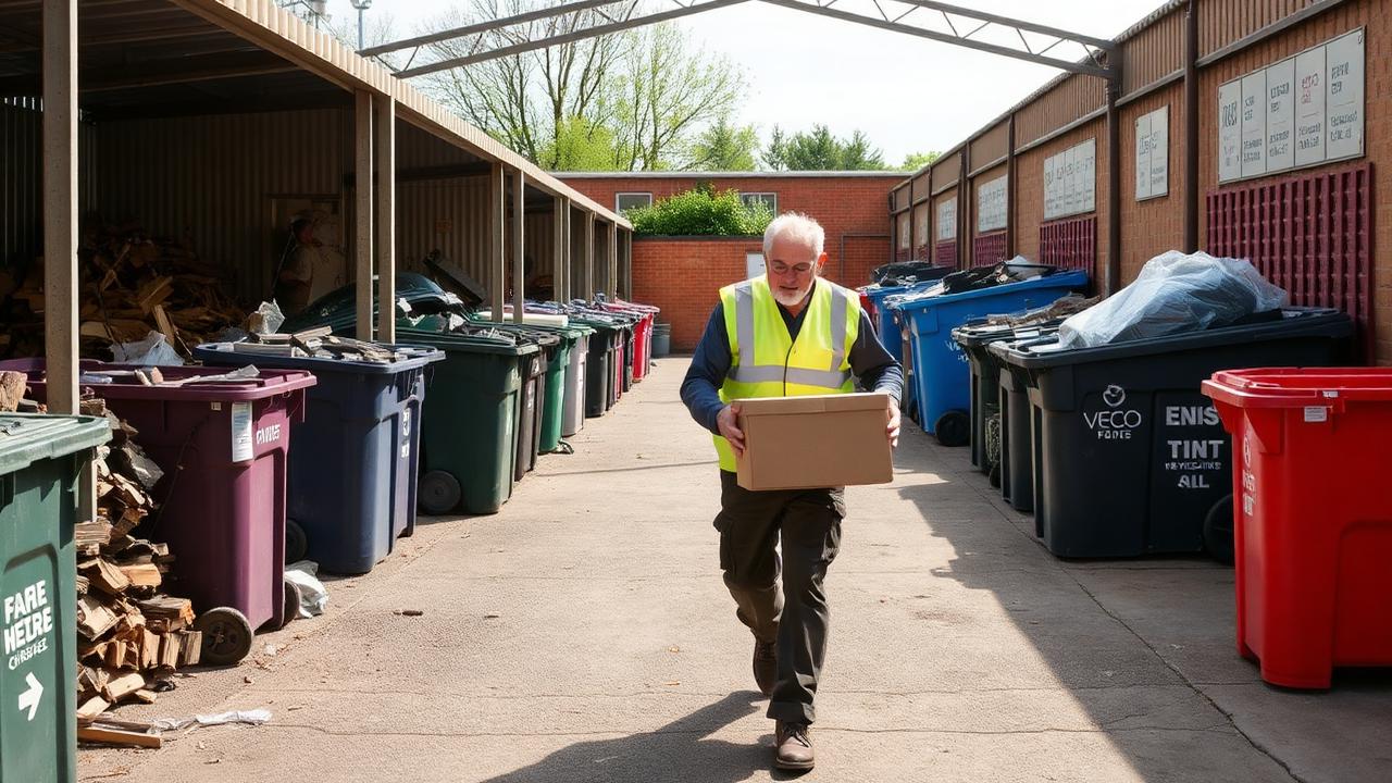 Zona de colectores do punto limpo con operario axudando a unha persoa