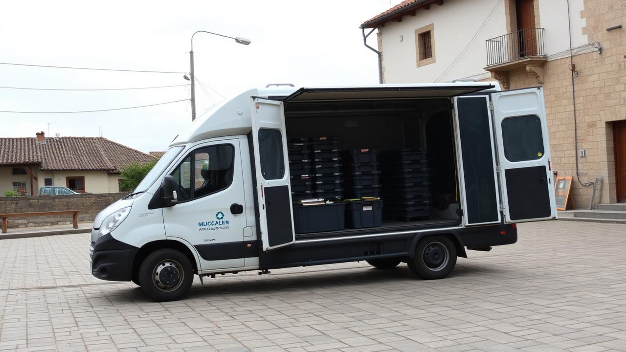 Furgoneta do punto limpo móbil aberta nunha praza
