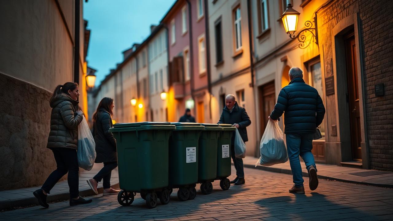 Veciñanza sacando as bolsas aos contedores no casco urbano