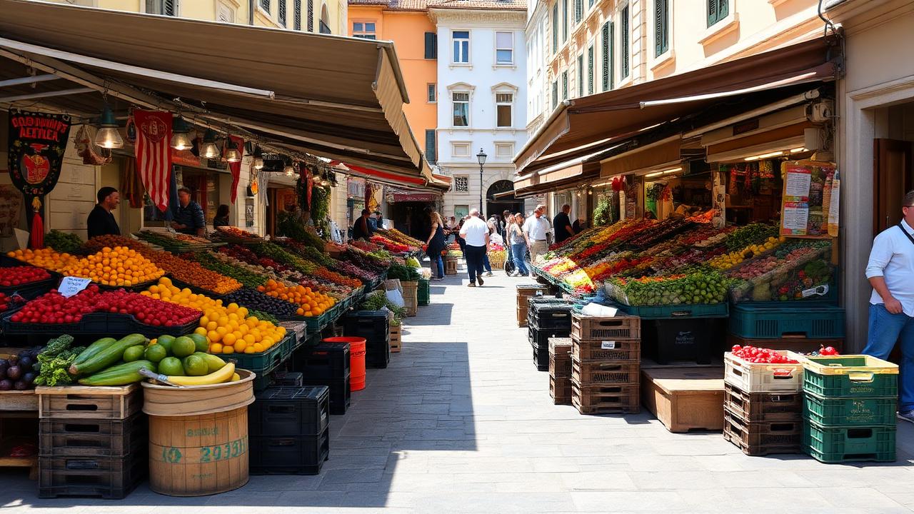 Postos de froita e verdura nun mercado semanal ao aire libre