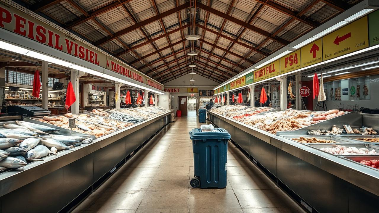 Interior do mercado municipal con postos de peixe e carne