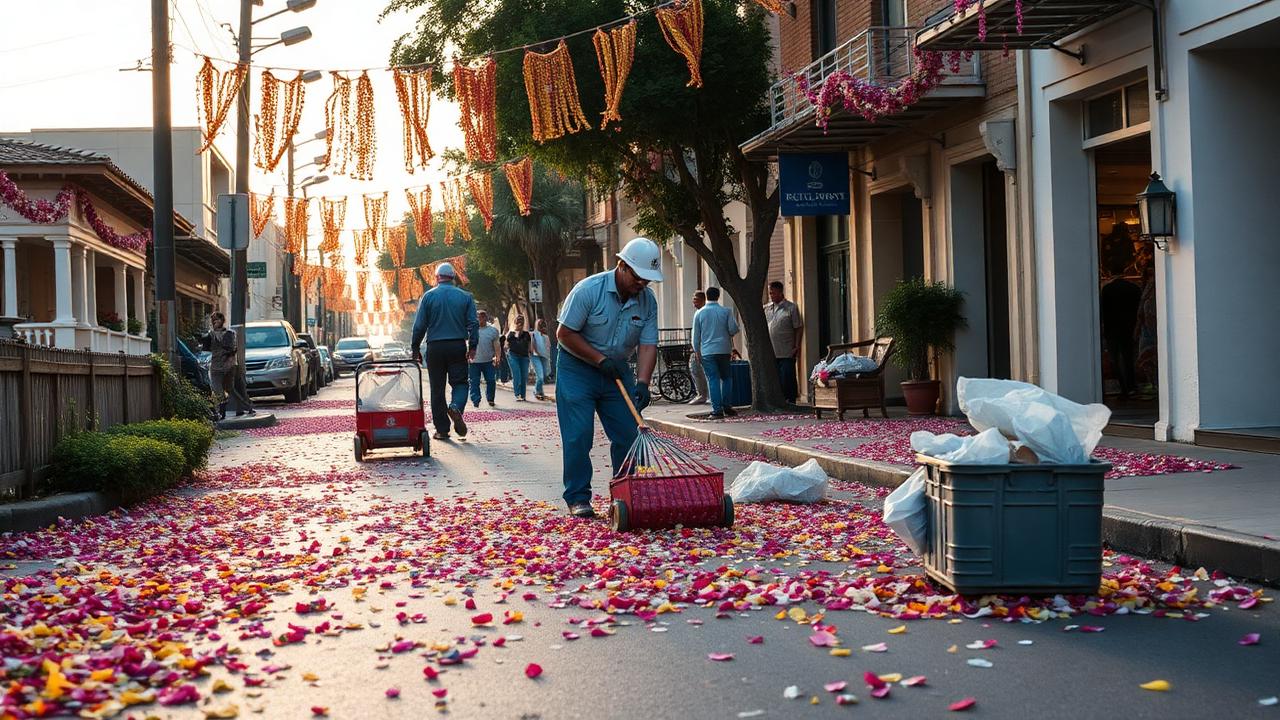 Equipo de limpeza retirando restos florais tras a Festa do Corpus