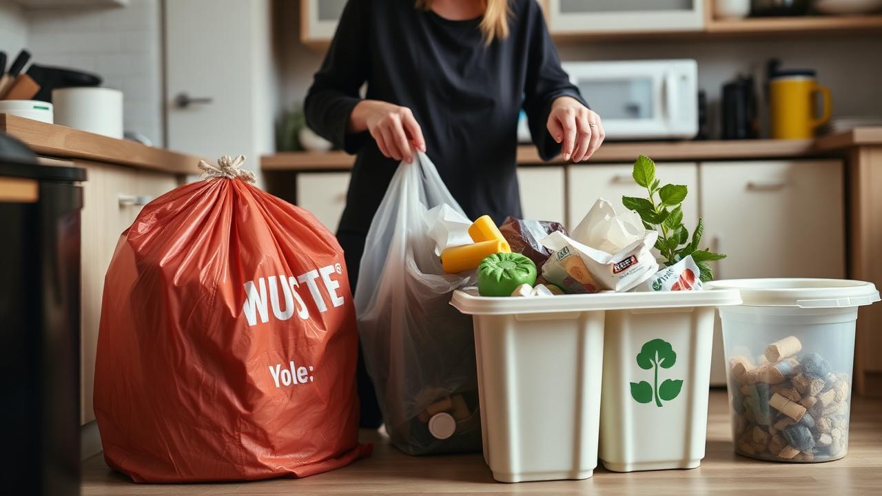 Persoa separando os residuos domésticos na casa en bolsas e cubos